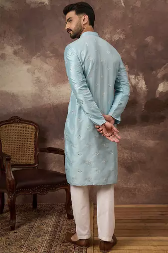 Men blue silk blend solid embroidered straight kurta
