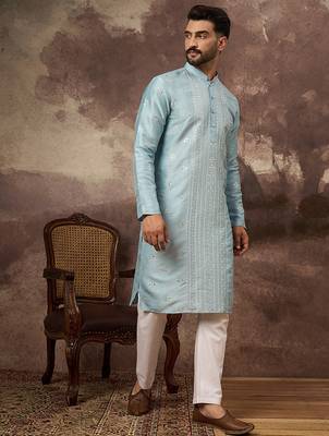 Men blue silk blend solid embroidered straight kurta 5