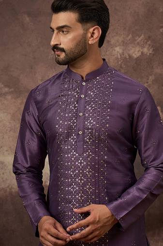 Men purple silk blend solid embroidered straight kurta