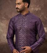 Men purple silk blend solid embroidered straight kurta