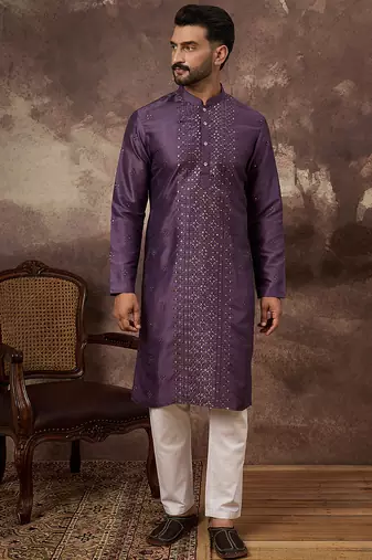 Men purple silk blend solid embroidered straight kurta