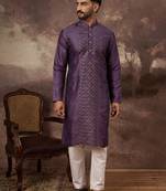 Men purple silk blend solid embroidered straight kurta