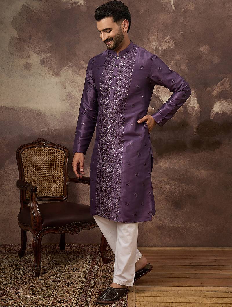 Men purple silk blend solid embroidered straight kurta