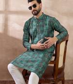 Men green silk blend printed mandarin collar straight kurta