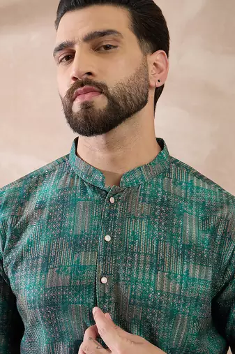 Men green silk blend printed mandarin collar straight kurta
