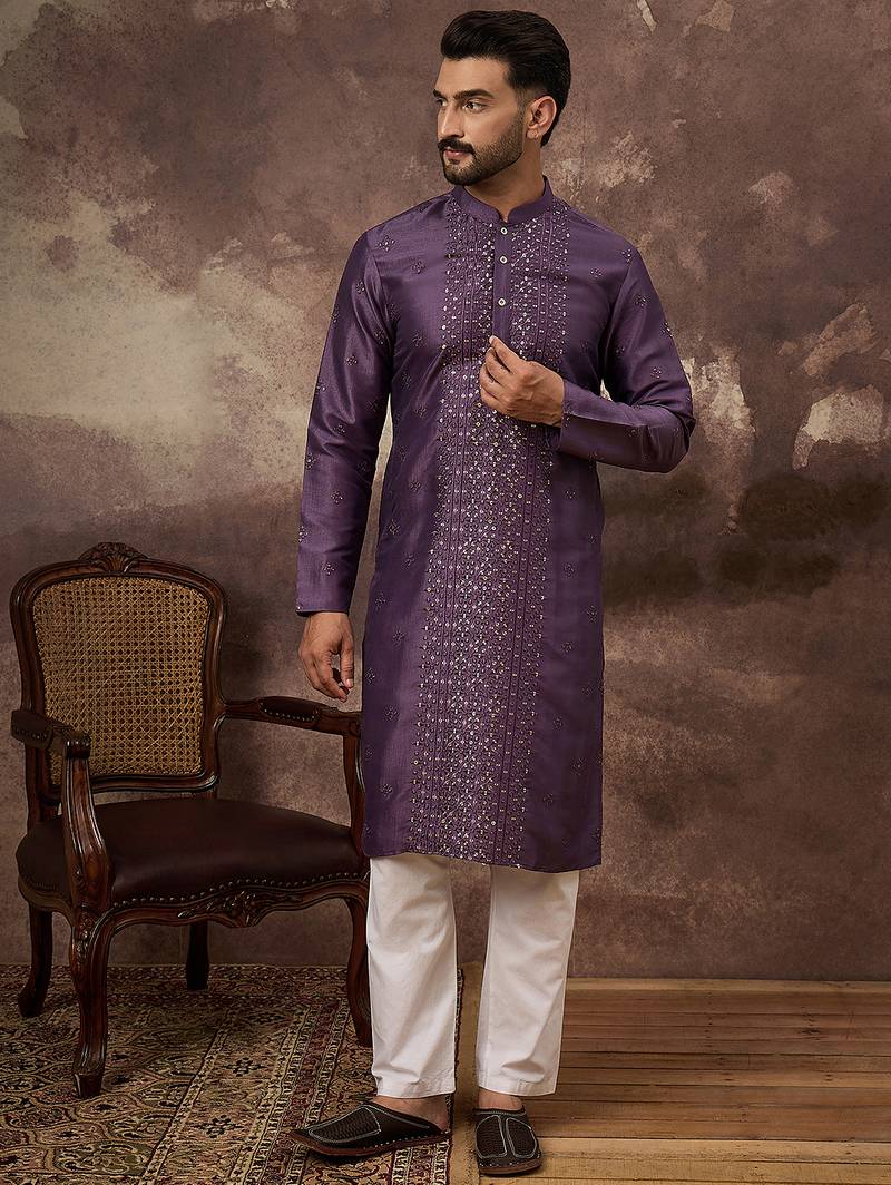 Men purple silk blend solid embroidered straight kurta