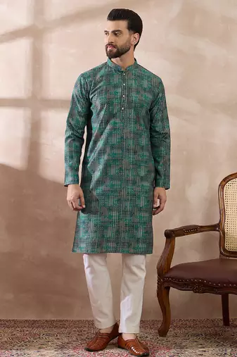 Men green silk blend printed mandarin collar straight kurta