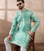 Men green silk blend printed mandarin collar straight kurta