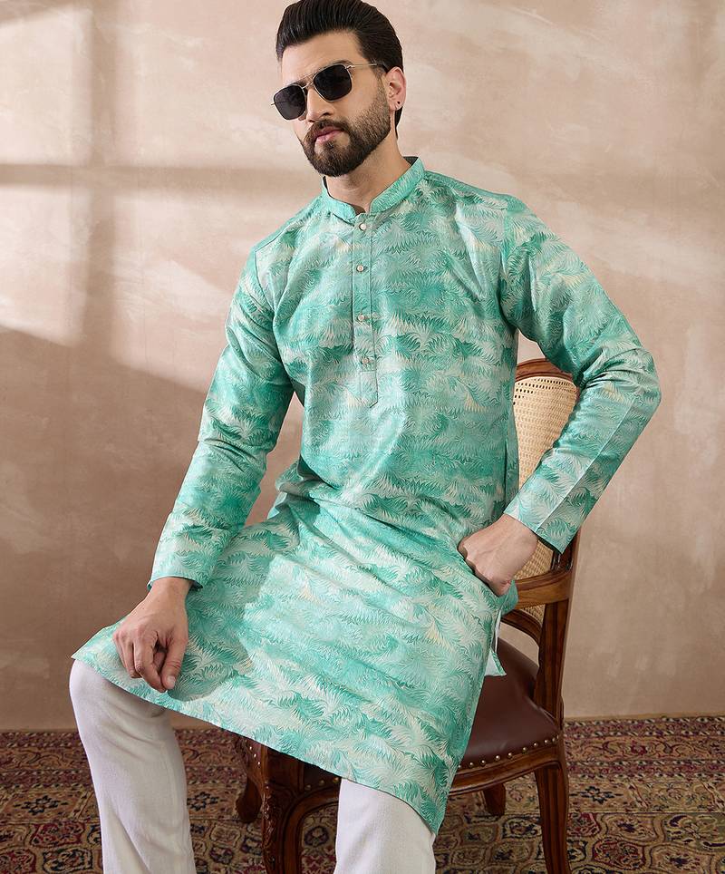 Men green silk blend printed mandarin collar straight kurta