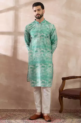 Men green silk blend printed mandarin collar straight kurta
