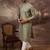 Men green silk blend solid embroidered straight kurta