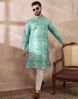 Men green silk blend printed mandarin collar straight kurta 5