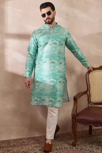 Men green silk blend printed mandarin collar straight kurta