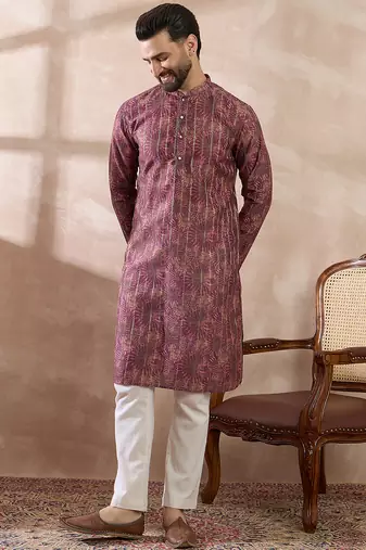 Men purple silk blend printed mandarin collar straight kurta