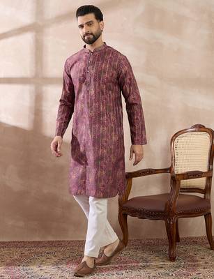 Men purple silk blend printed mandarin collar straight kurta 3