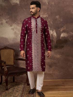 Men maroon silk blend solid embroidered straight kurta 2