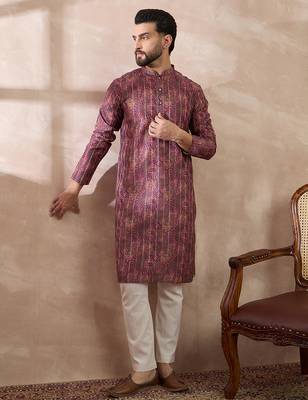 Men purple silk blend printed mandarin collar straight kurta 5