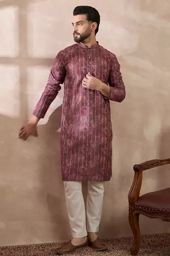 Men purple silk blend printed mandarin collar straight kurta
