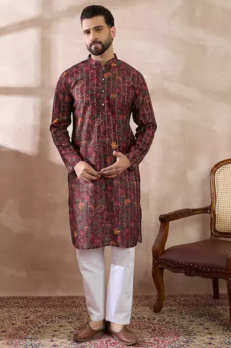Men maroon silk blend printed mandarin collar straight kurta