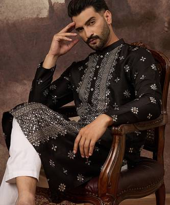 Men black silk blend solid embroidered straight kurta 2