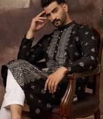 Men black silk blend solid embroidered straight kurta