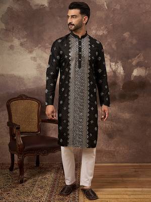 Men black silk blend solid embroidered straight kurta 1