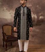 Men black silk blend solid embroidered straight kurta