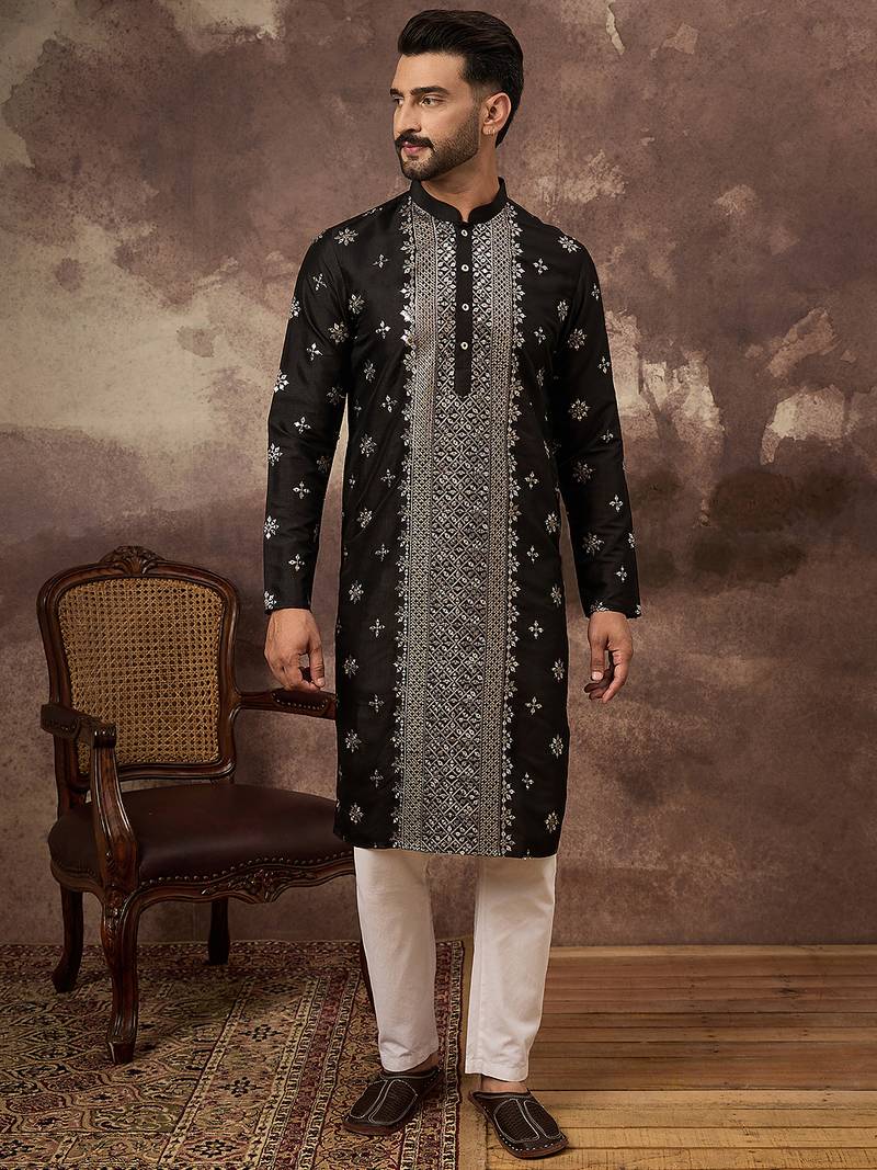 Men black silk blend solid embroidered straight kurta
