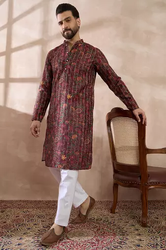 Men maroon silk blend printed mandarin collar straight kurta