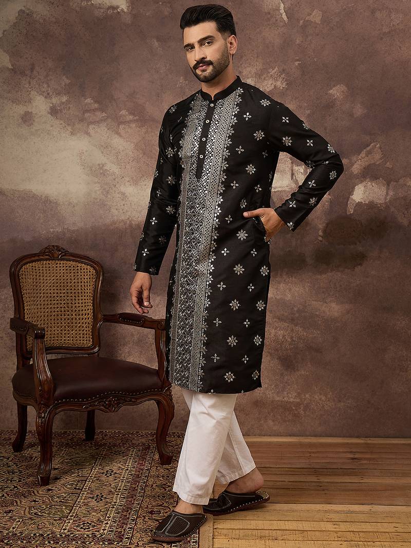Men black silk blend solid embroidered straight kurta
