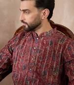 Men maroon silk blend printed mandarin collar straight kurta