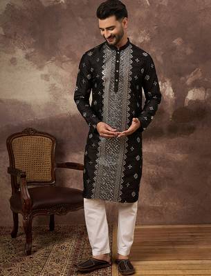 Men black silk blend solid embroidered straight kurta 5