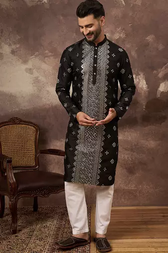 Men black silk blend solid embroidered straight kurta