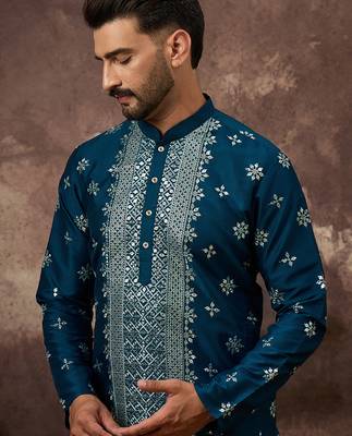 Men blue silk blend solid embroidered straight kurta 1