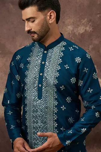 Men blue silk blend solid embroidered straight kurta