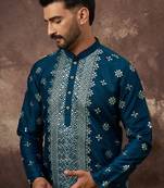 Men blue silk blend solid embroidered straight kurta