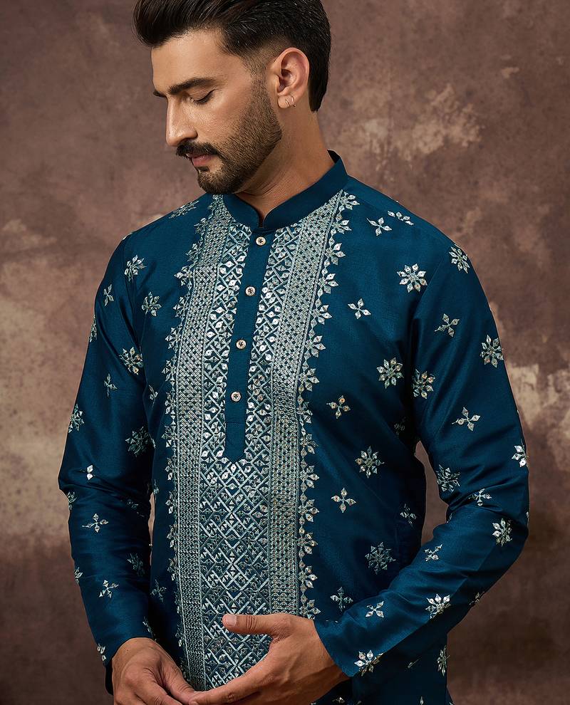 Men blue silk blend solid embroidered straight kurta