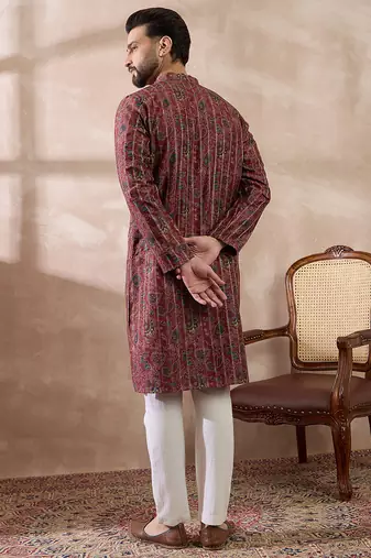 Men maroon silk blend printed mandarin collar straight kurta
