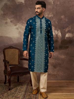 Men blue silk blend solid embroidered straight kurta 2