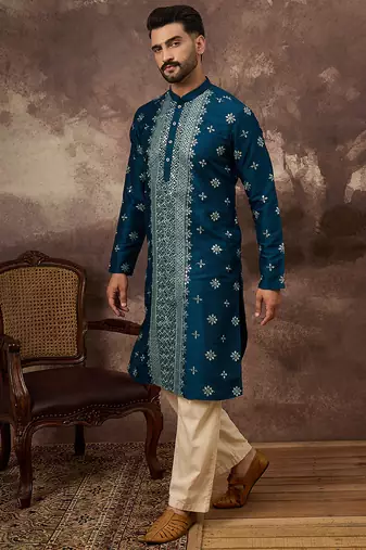 Men blue silk blend solid embroidered straight kurta