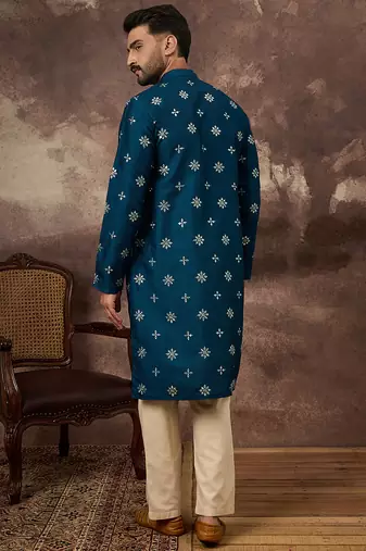 Men blue silk blend solid embroidered straight kurta