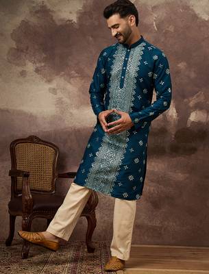 Men blue silk blend solid embroidered straight kurta 5