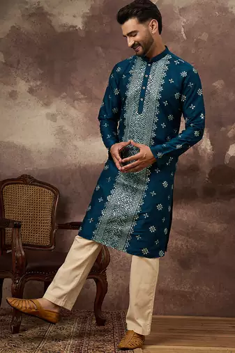 Men blue silk blend solid embroidered straight kurta