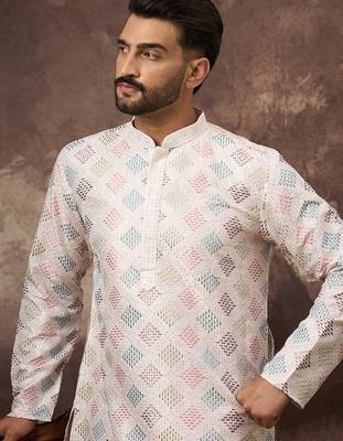 Men white silk blend solid embroidered straight kurta 2