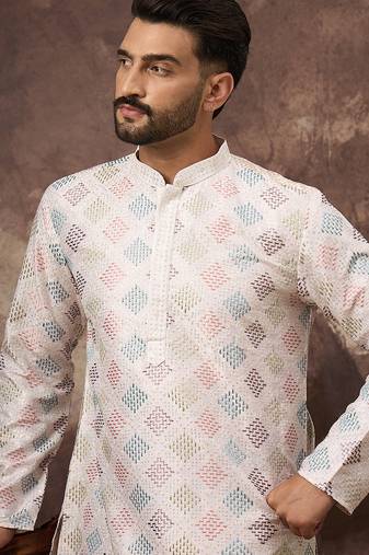 Men white silk blend solid embroidered straight kurta