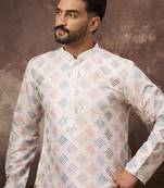 Men white silk blend solid embroidered straight kurta