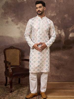 Men white silk blend solid embroidered straight kurta 1