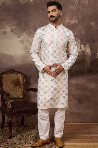 Men white silk blend solid embroidered straight kurta