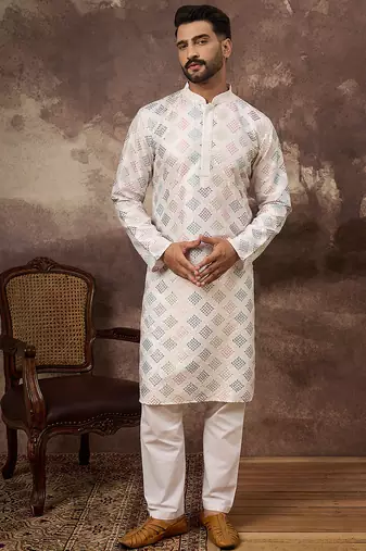 Men white silk blend solid embroidered straight kurta