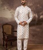 Men white silk blend solid embroidered straight kurta